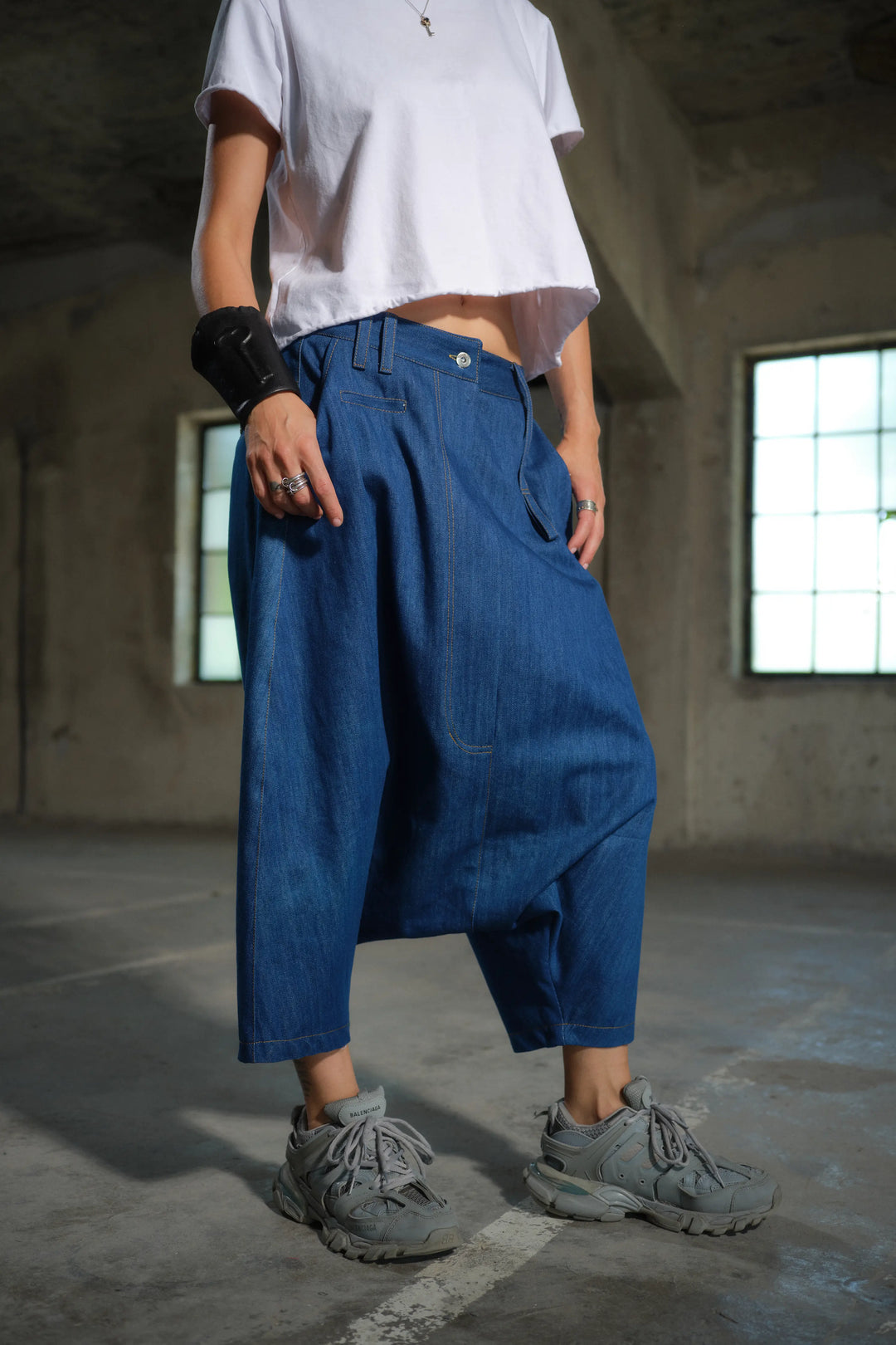 Extravagant Drop Crotch Denim Pants Handcrafted Women's Denim