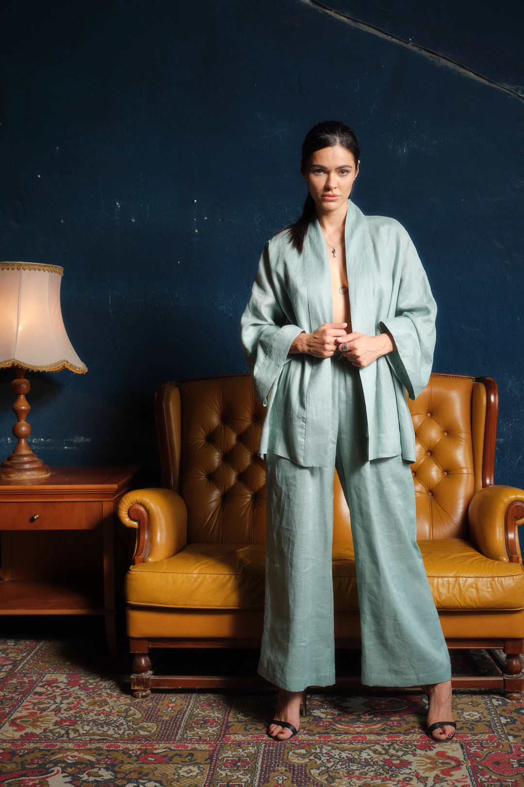 Two-piece ensemble: Japanese-inspired linen kimono robe and palazzo pants