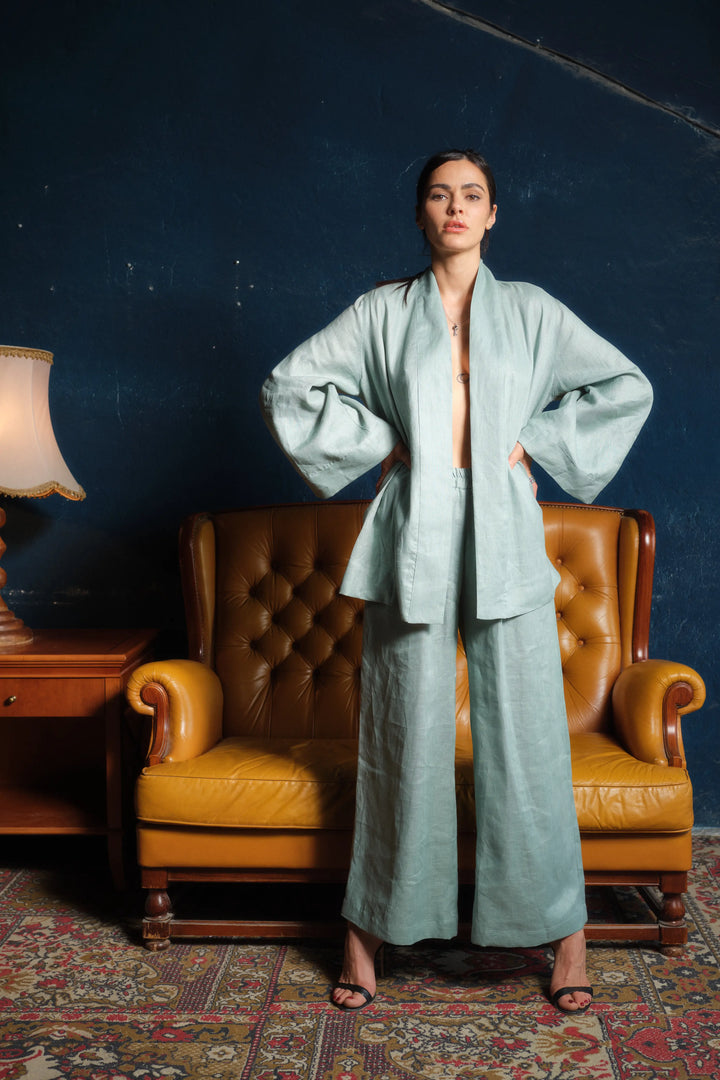 Two-piece ensemble: Japanese-inspired linen kimono robe and palazzo pants