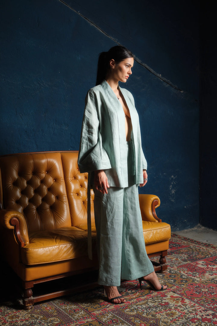 Two-piece ensemble: Japanese-inspired linen kimono robe and palazzo pants