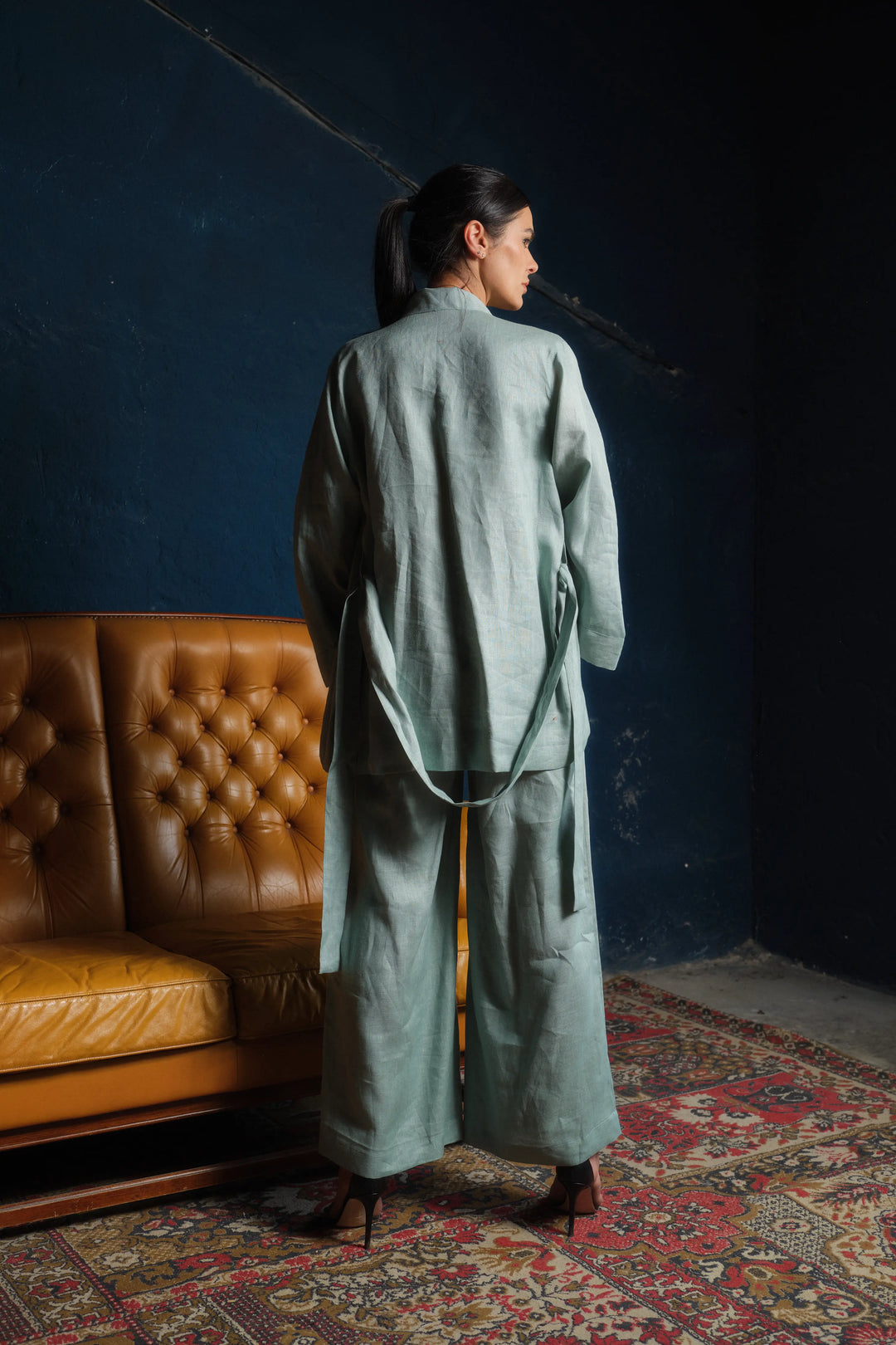 Two-piece ensemble: Japanese-inspired linen kimono robe and palazzo pants