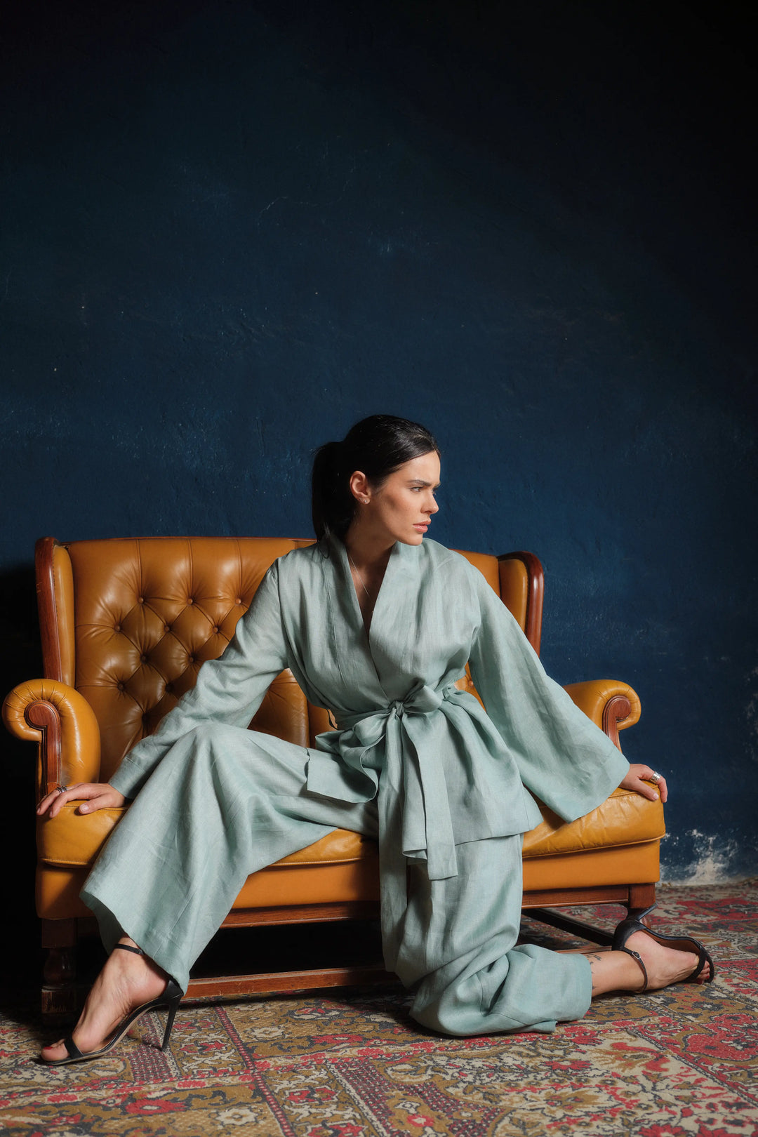 Two-piece ensemble: Japanese-inspired linen kimono robe and palazzo pants