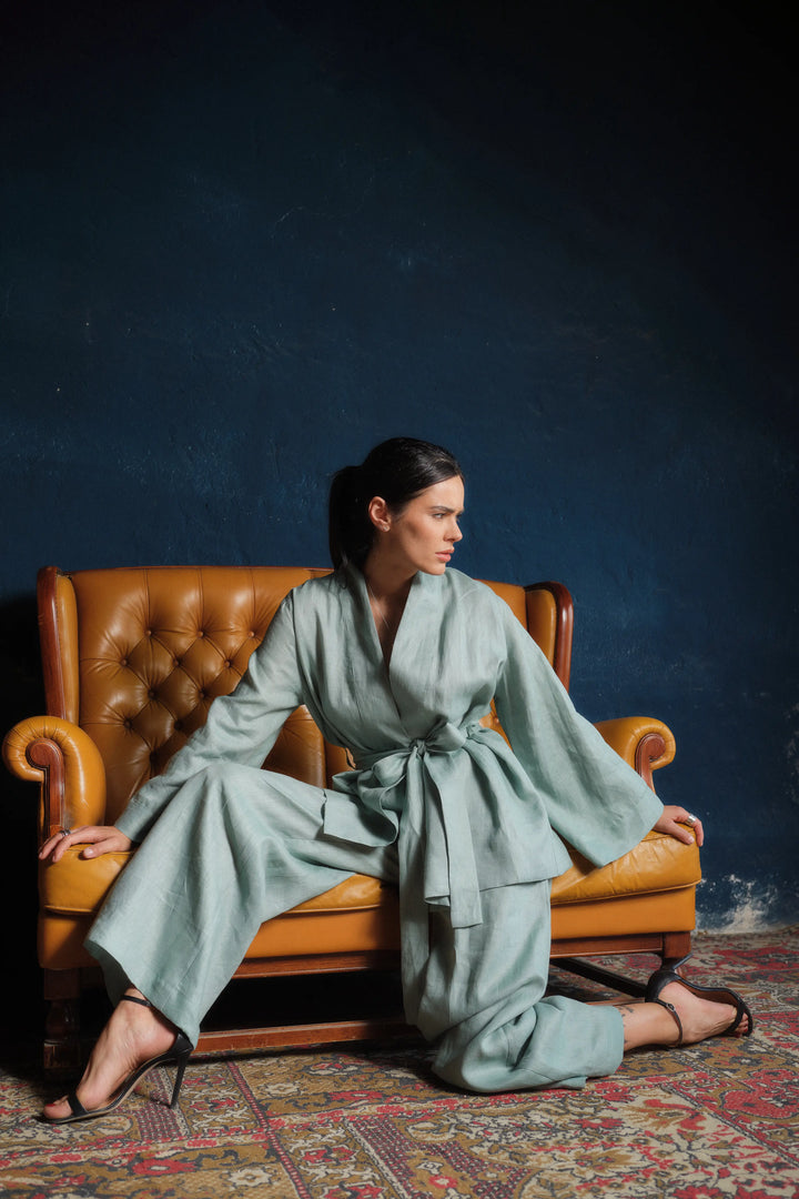 Two-piece ensemble: Japanese-inspired linen kimono robe and palazzo pants