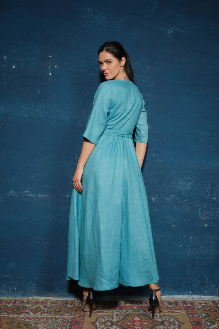 Blue-Green Pure Linen Dress - Side View