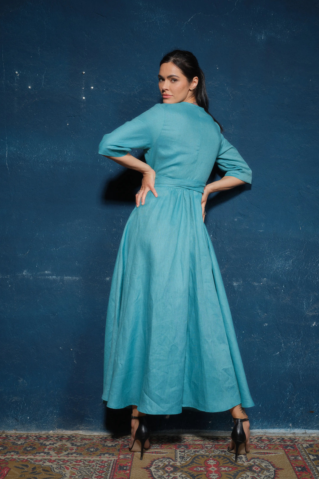 Wrap-Style Maxi Dress with 7/8 Sleeves - Back View