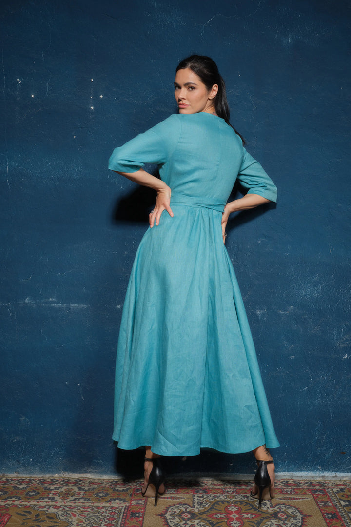 Wrap-Style Maxi Dress with 7/8 Sleeves - Back View