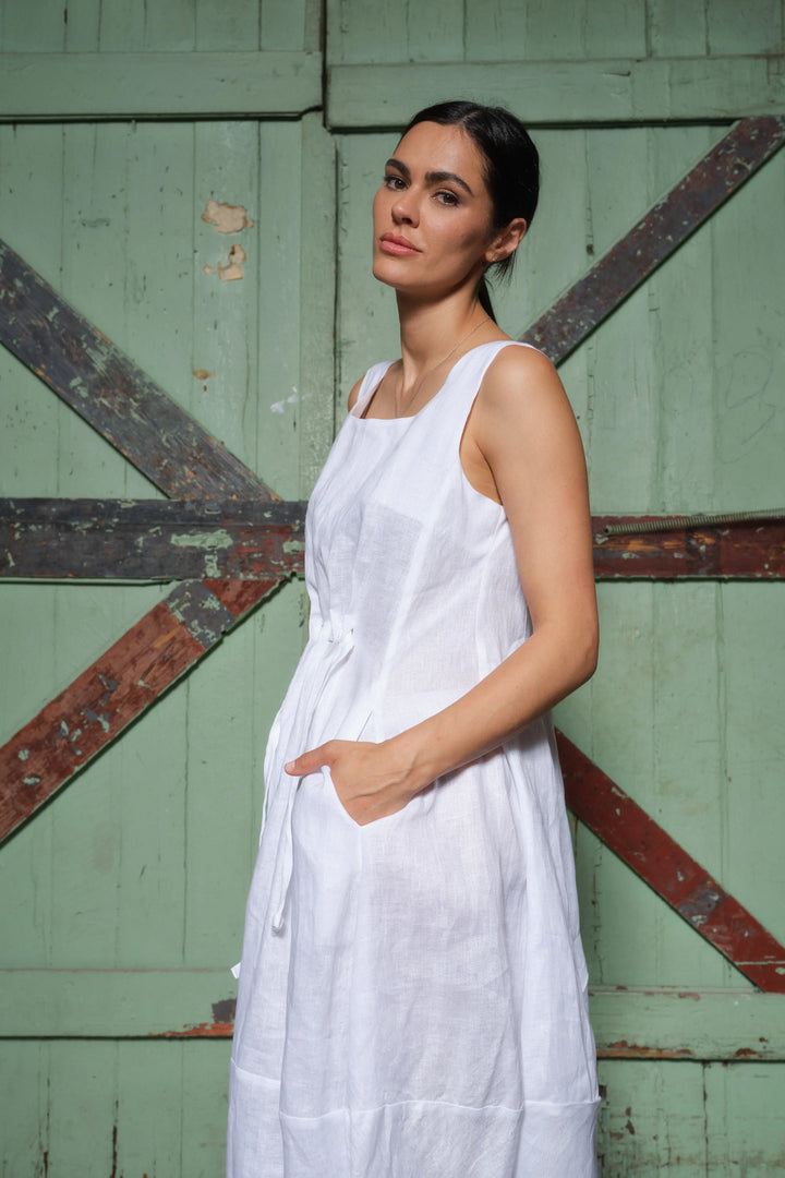 White Linen Balloon Dress - Side View