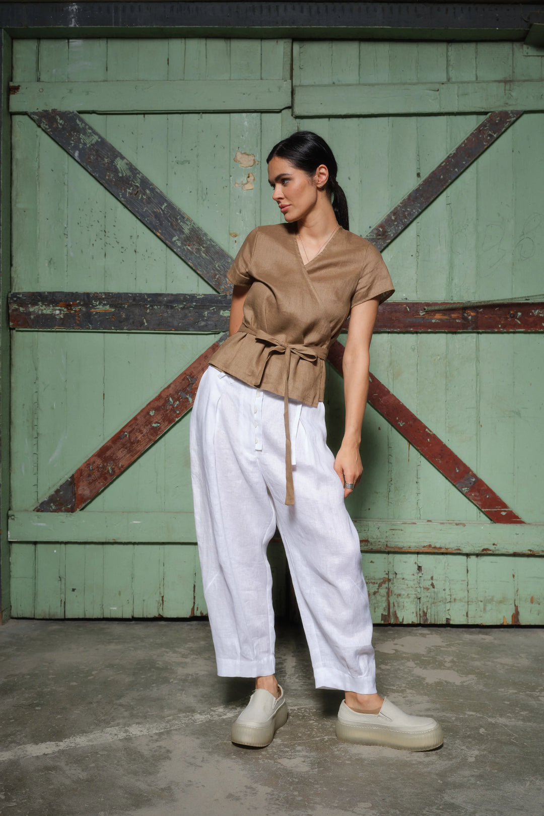 White Linen Japanese Style Pegged Pants - Relaxed Fit