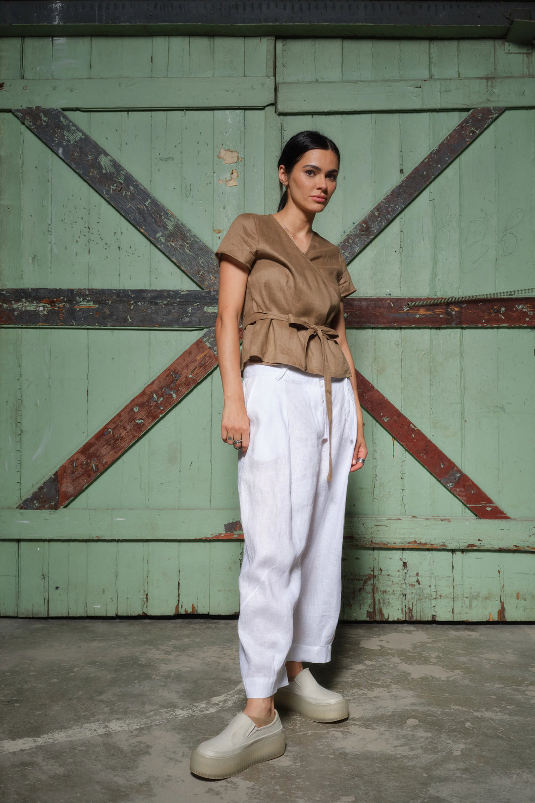 White Linen Japanese Style Pegged Pants - Ankle Length