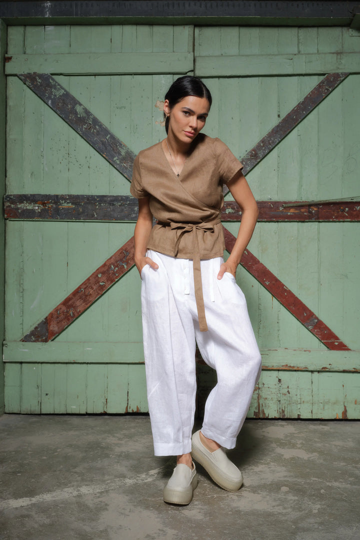 White Linen Japanese Style Pegged Pants - Wide Hemline