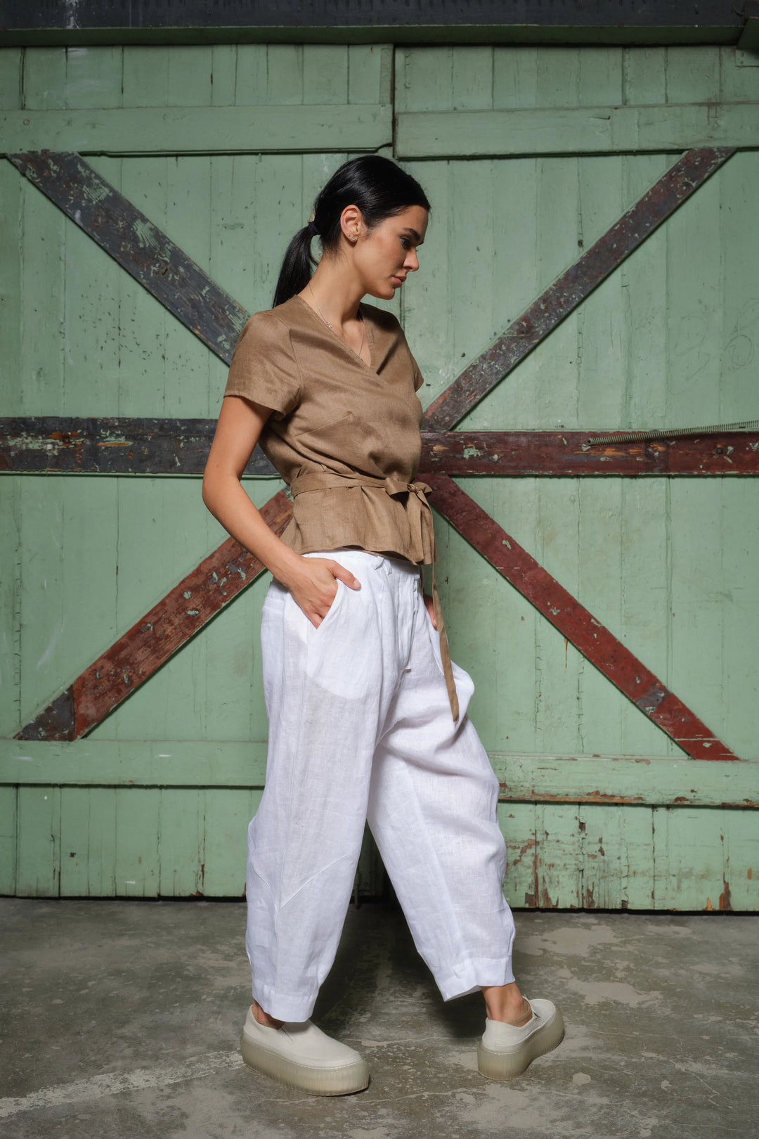 White Linen Japanese Style Pegged Pants - Side View