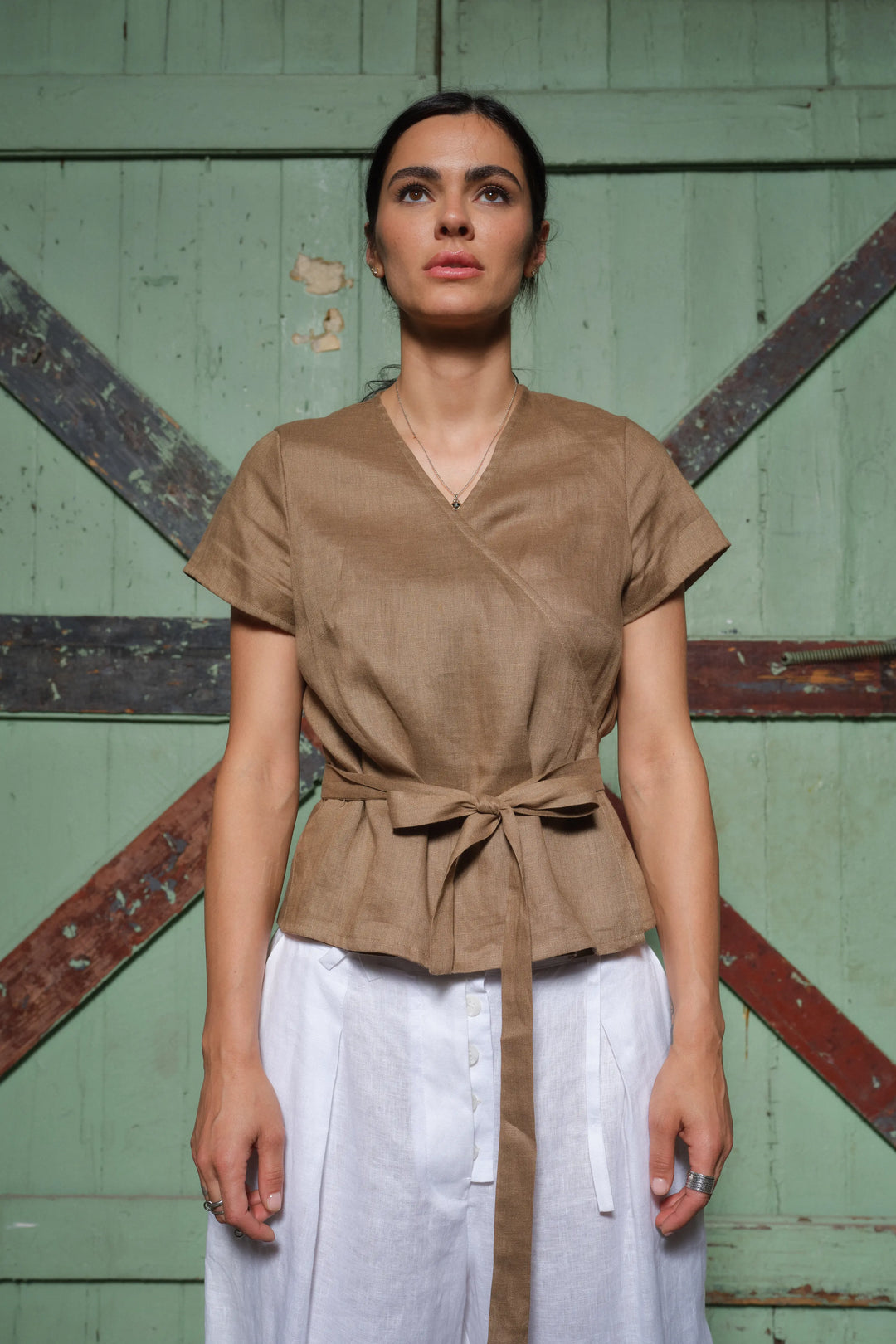 Front view of Women's Reversible Wrap Top in Pure Italian Linen, Beige