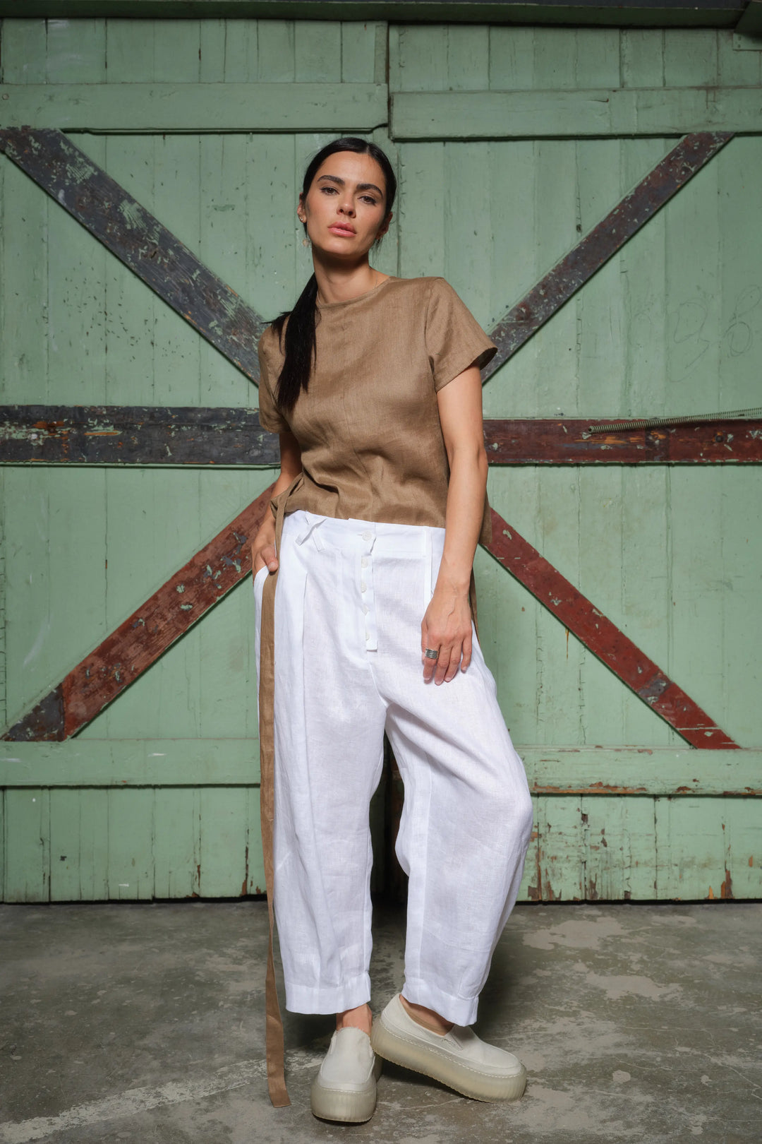 White Linen Japanese Style Pegged Pants - Front View