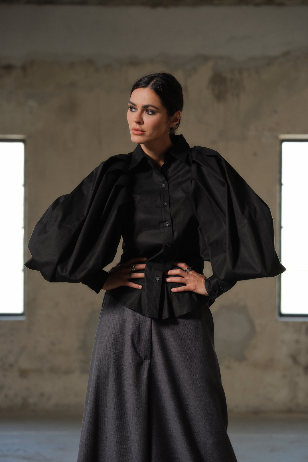 Avant garde sleeves black cotton shirt for women