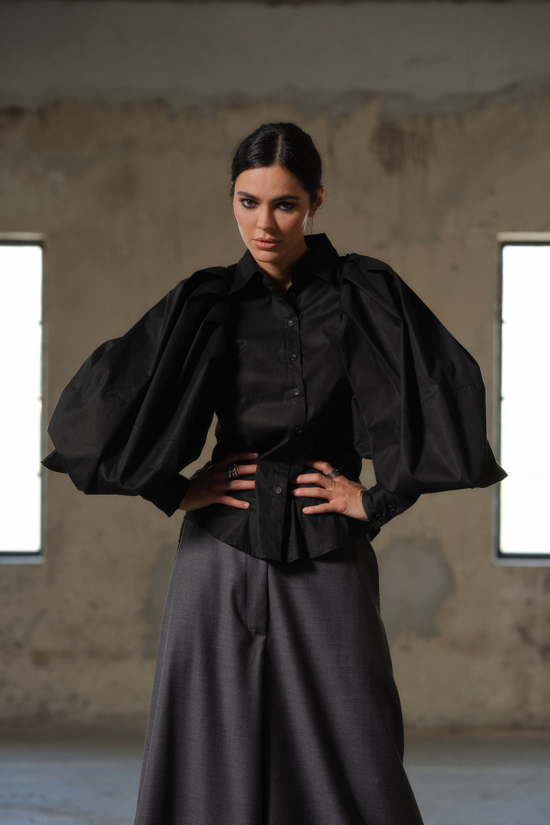 Avant garde sleeves black cotton shirt for women