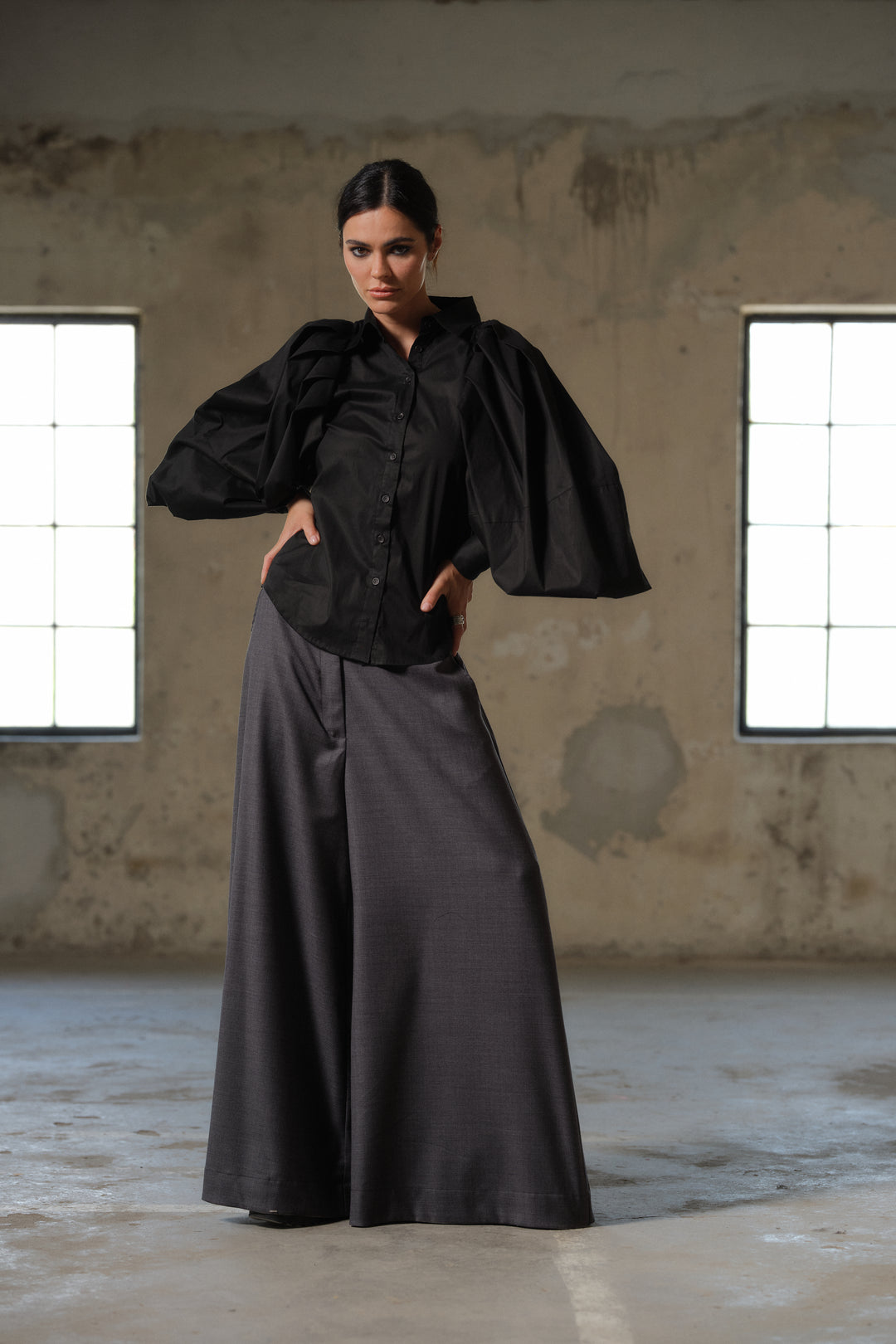 Avant garde sleeves black cotton shirt for women