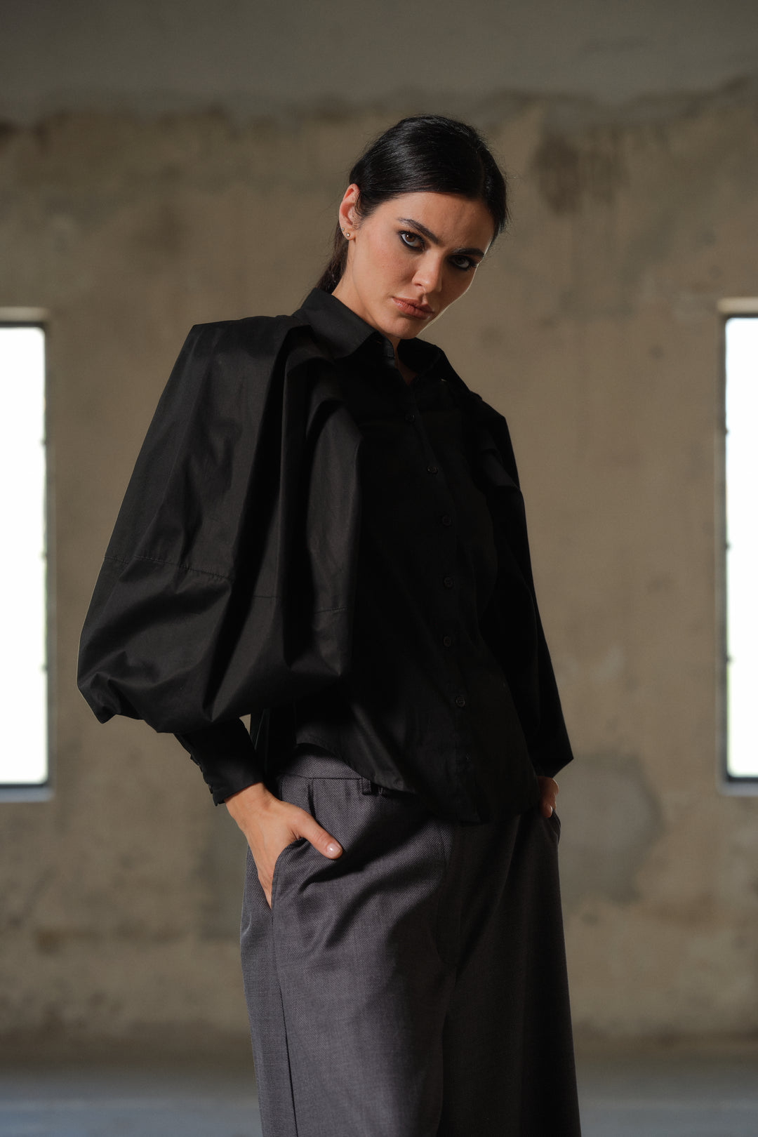 Avant garde sleeves black cotton shirt for women