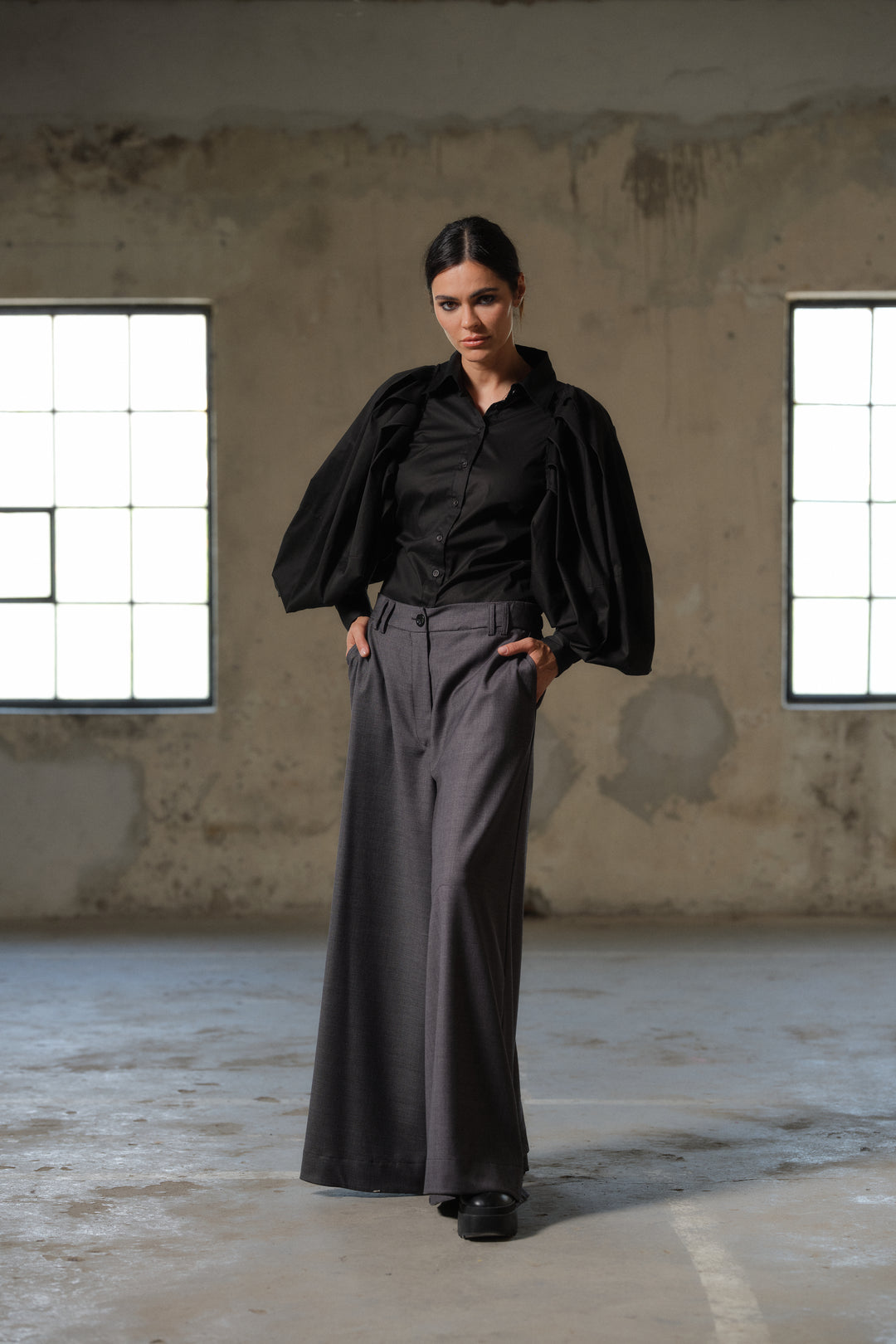 Avant garde sleeves black cotton shirt for women