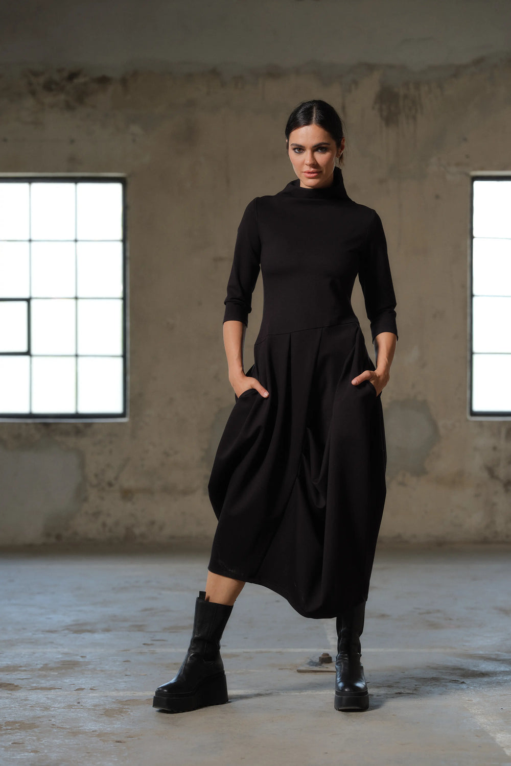 Asymmetrical long black winter avant garde dress