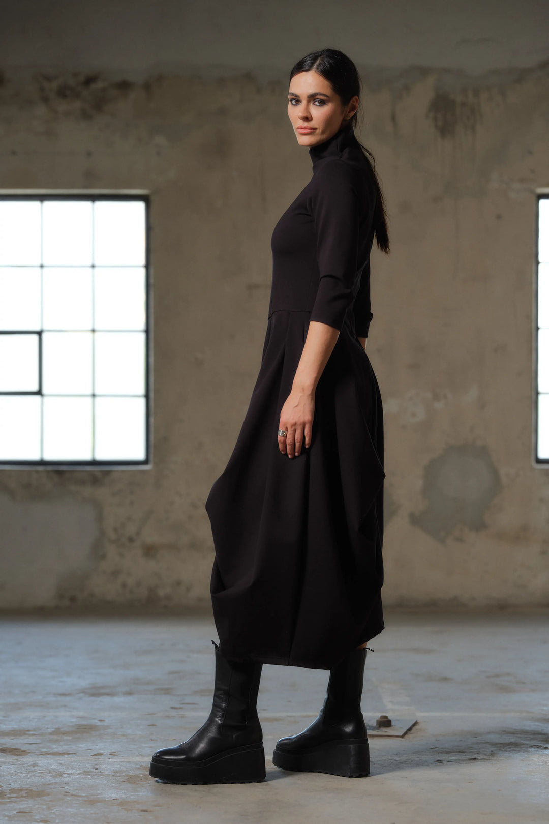 Asymmetrical long black winter avant garde dress