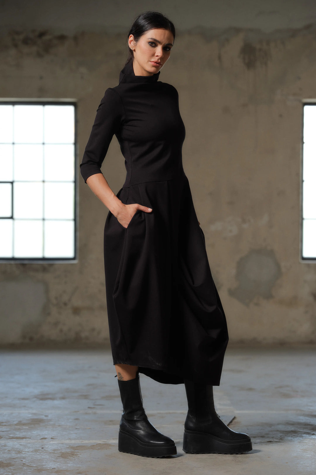 Asymmetrical long black winter avant garde dress