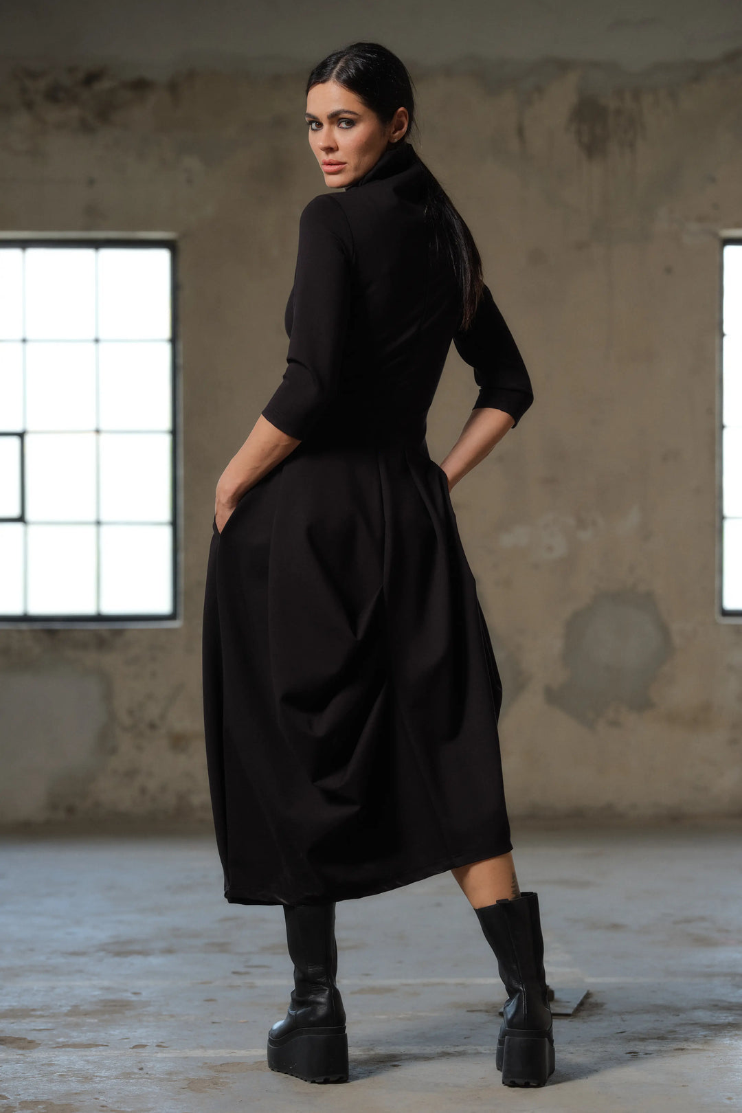 Asymmetrical long black winter avant garde dress