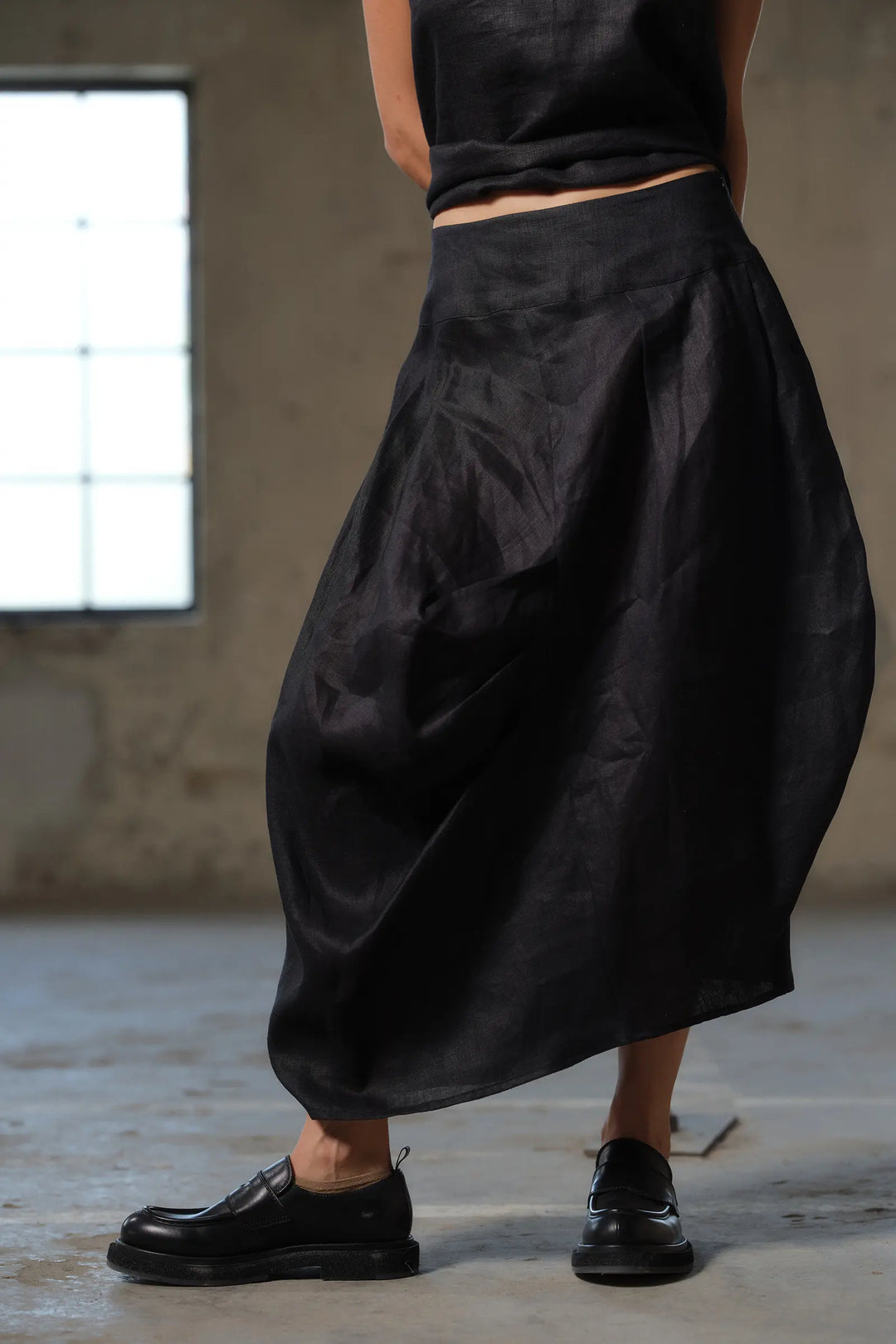Front View of Organic Linen Skirt in Black - Japanese Style, Midi Length