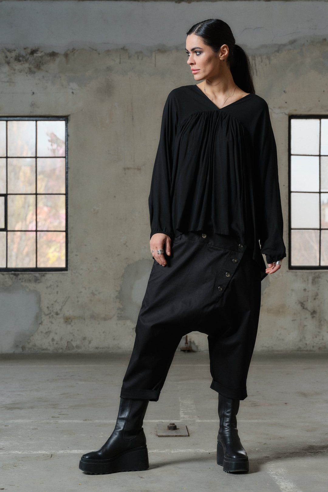 Avant garde double belt cotton baggy pants