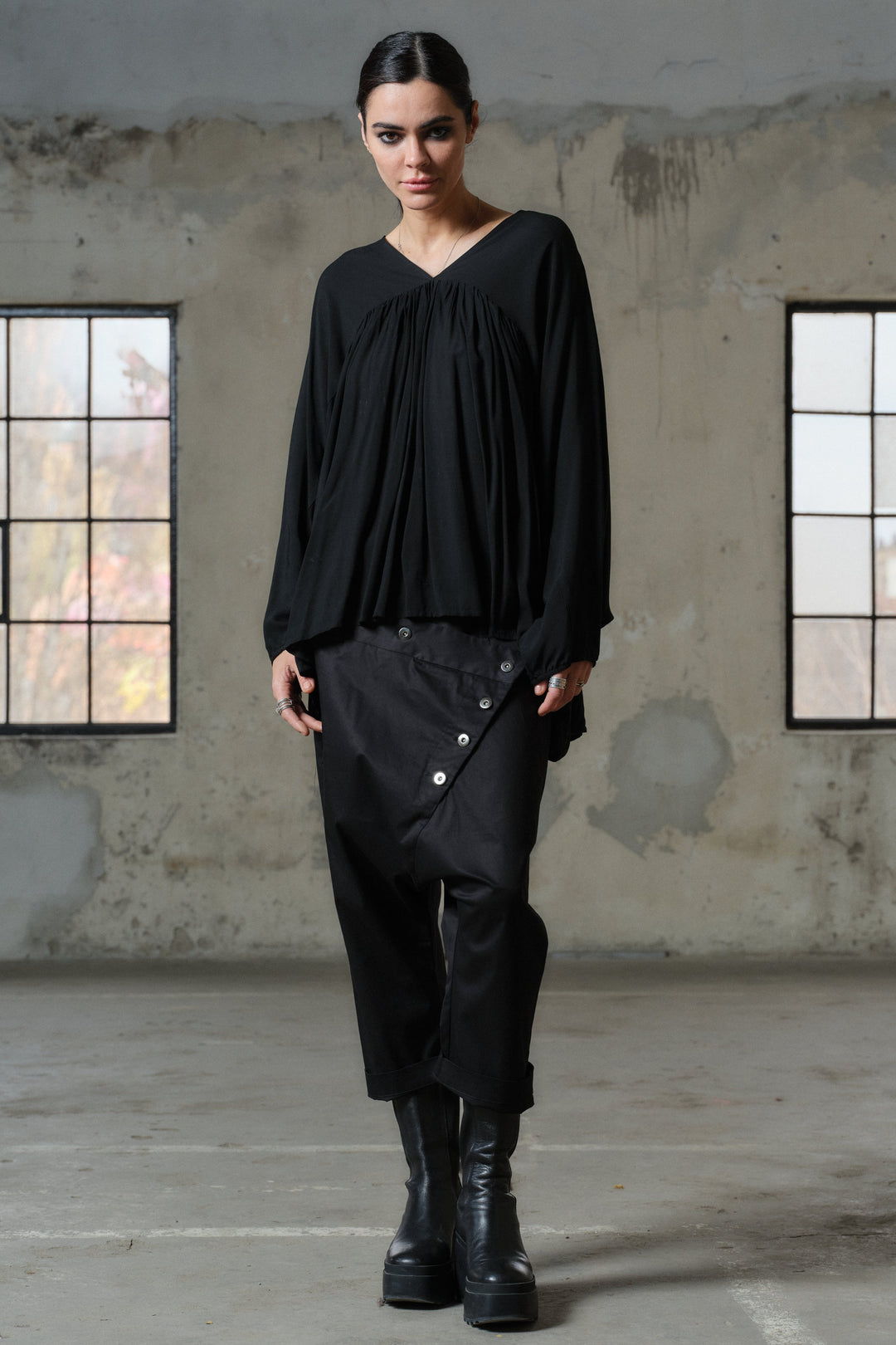 Avant garde double belt cotton baggy pants