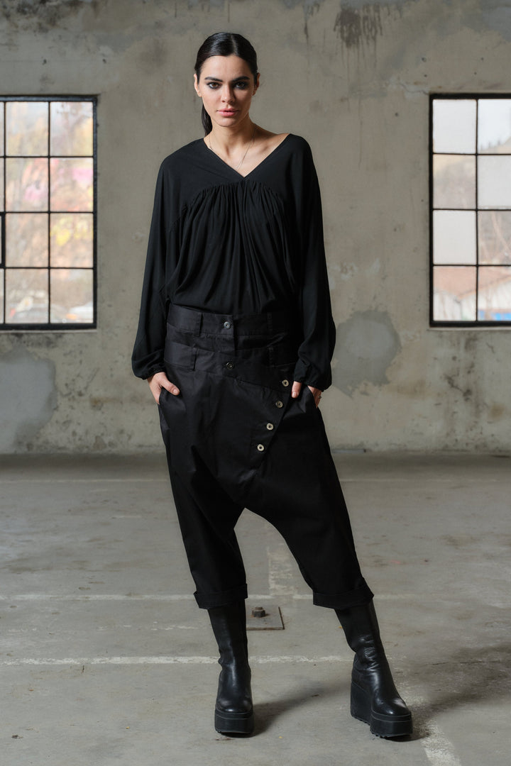 Avant garde double belt cotton baggy pants