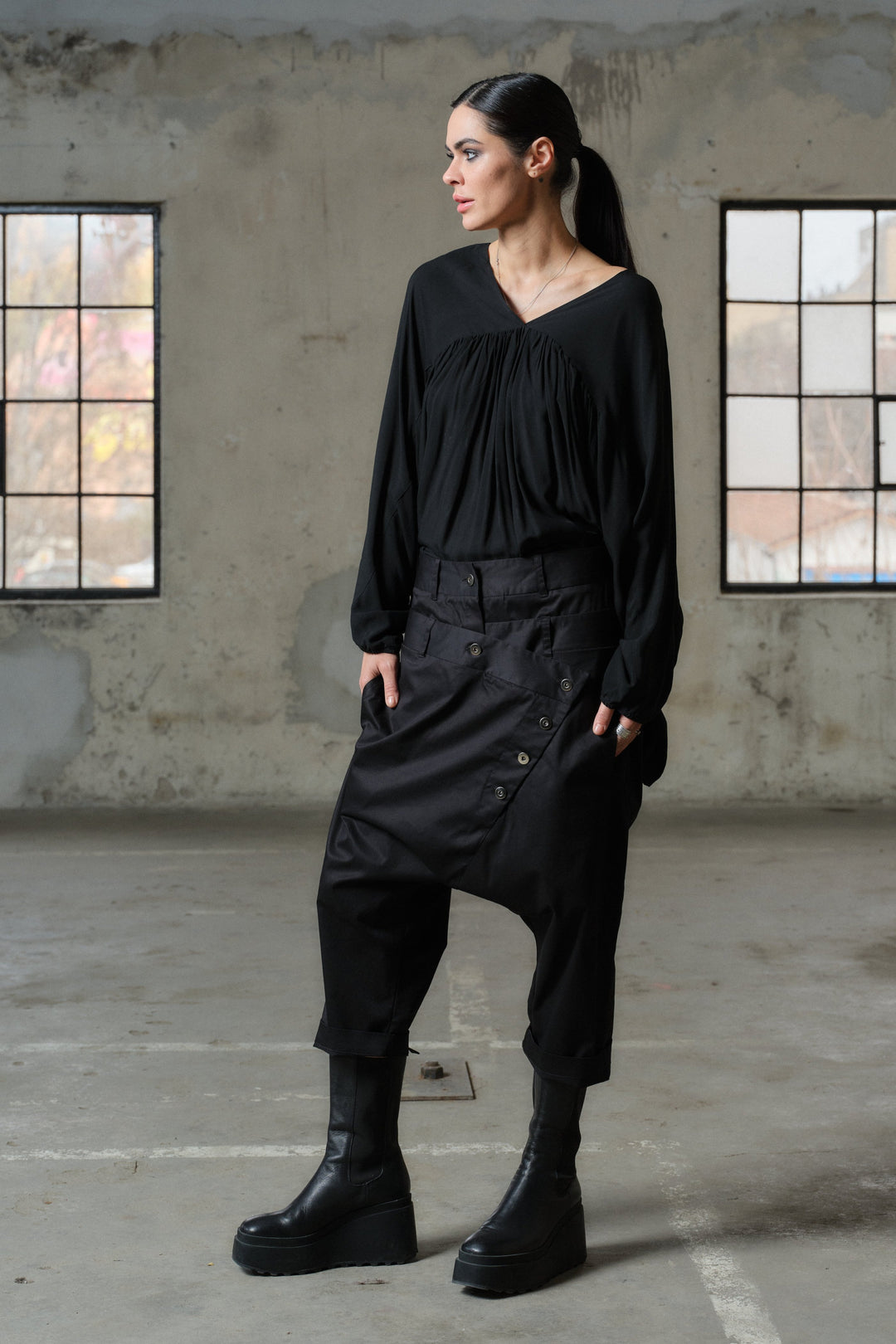 Avant garde double belt cotton baggy pants