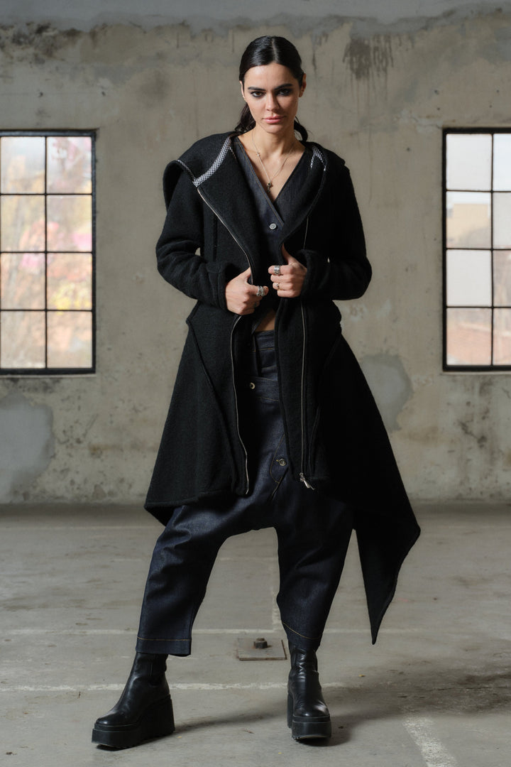 Long black black wool coat for women with asymetrical hem