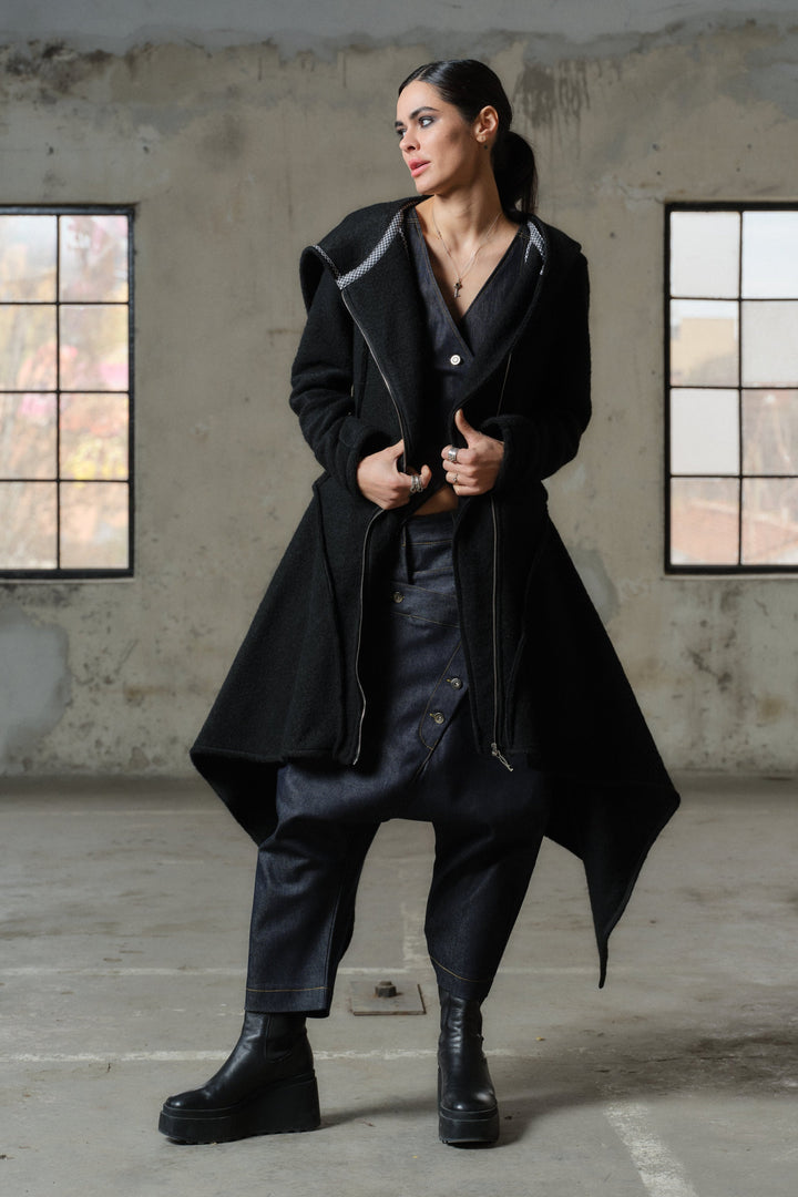 Long black wool coat for women with asymetrical hem