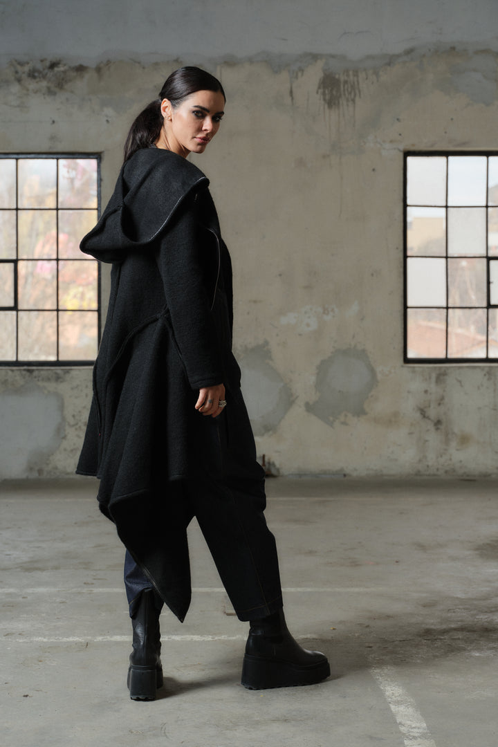 Long wool coat for women with asymetrical hem