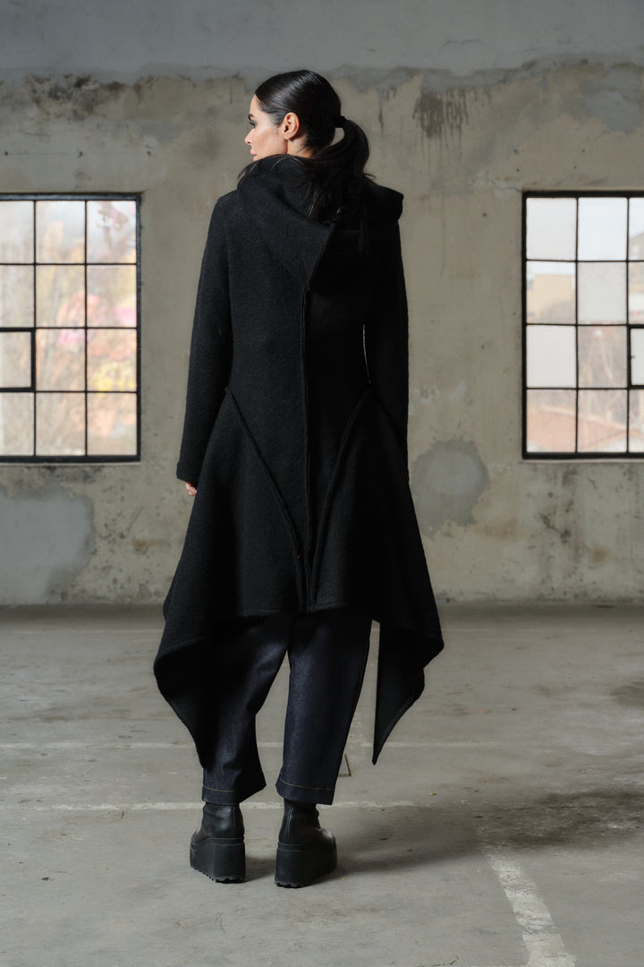 Long wool coat for women with asymetrical hem