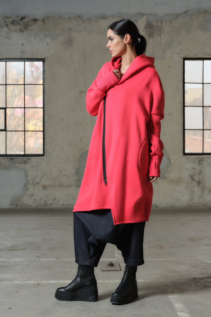 Asymmetrical hooded cotton sweatshirt in watermelon