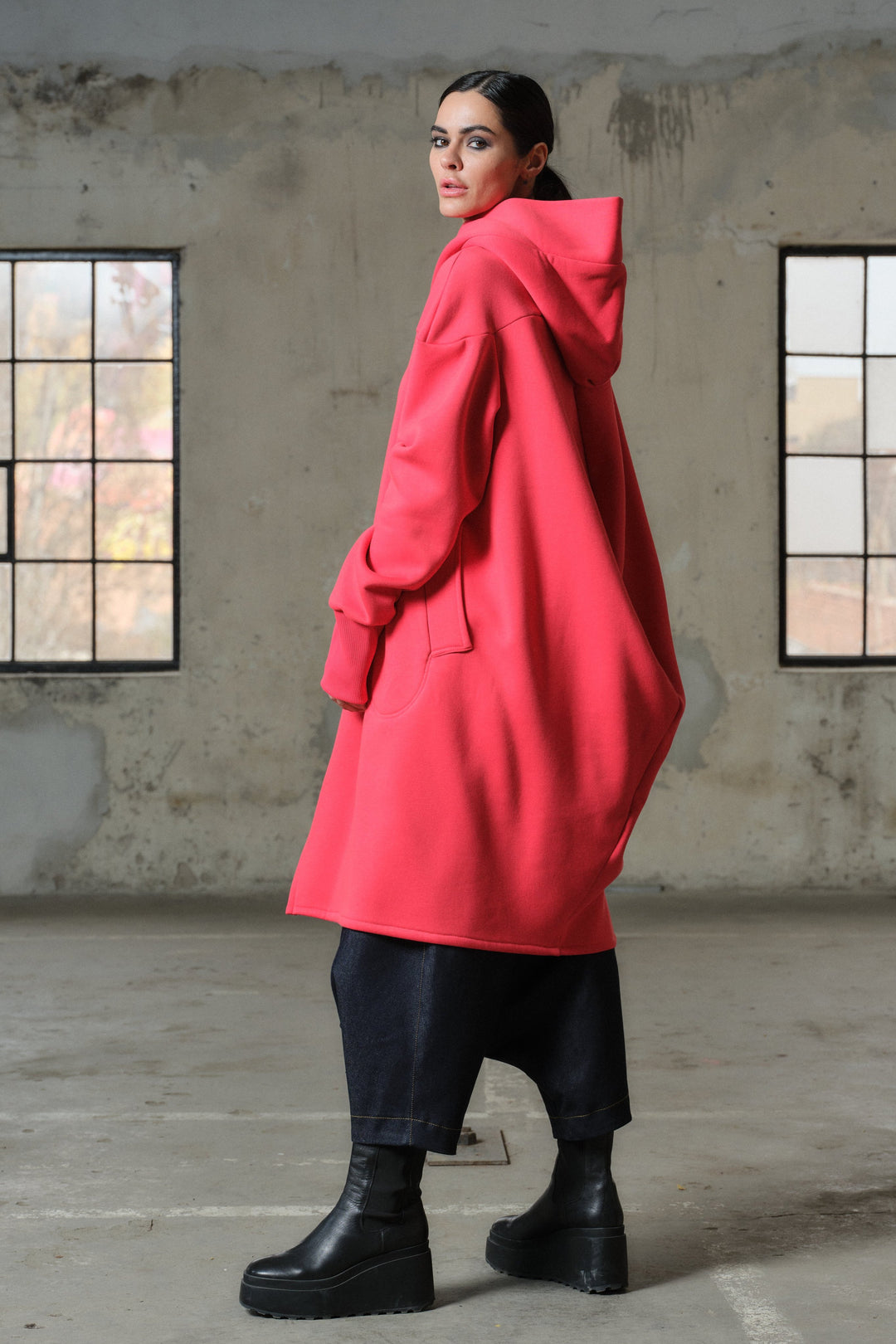 Asymmetrical hooded cotton sweatshirt in watermelon