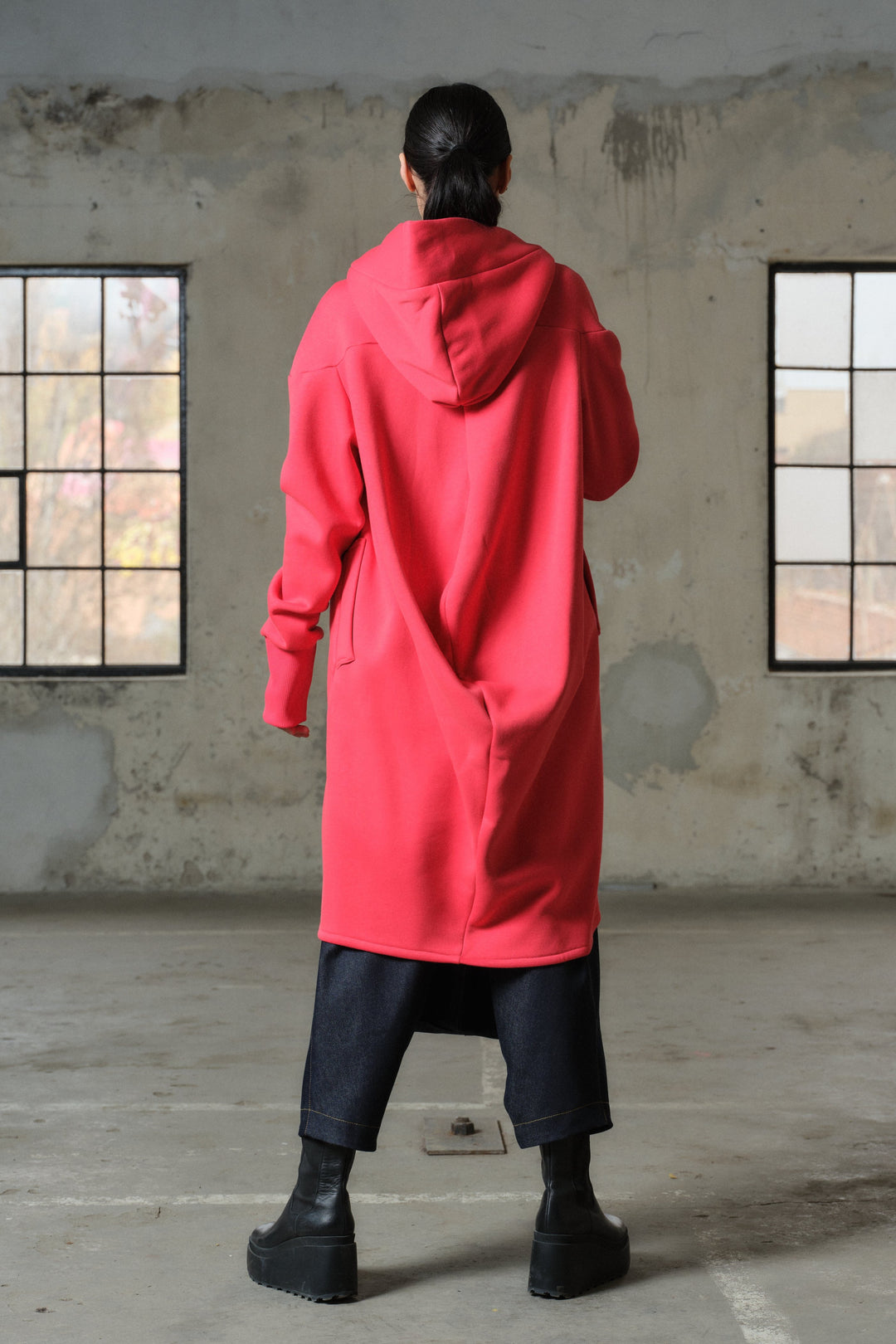 Asymmetrical hooded cotton sweatshirt in watermelon