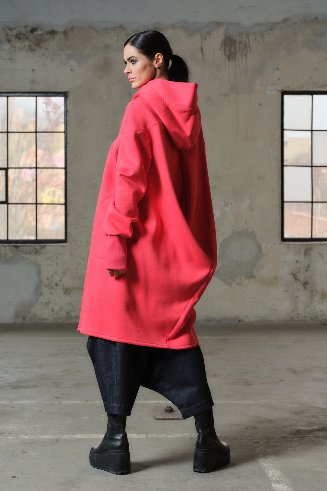 Asymmetrical hooded cotton sweatshirt in watermelon