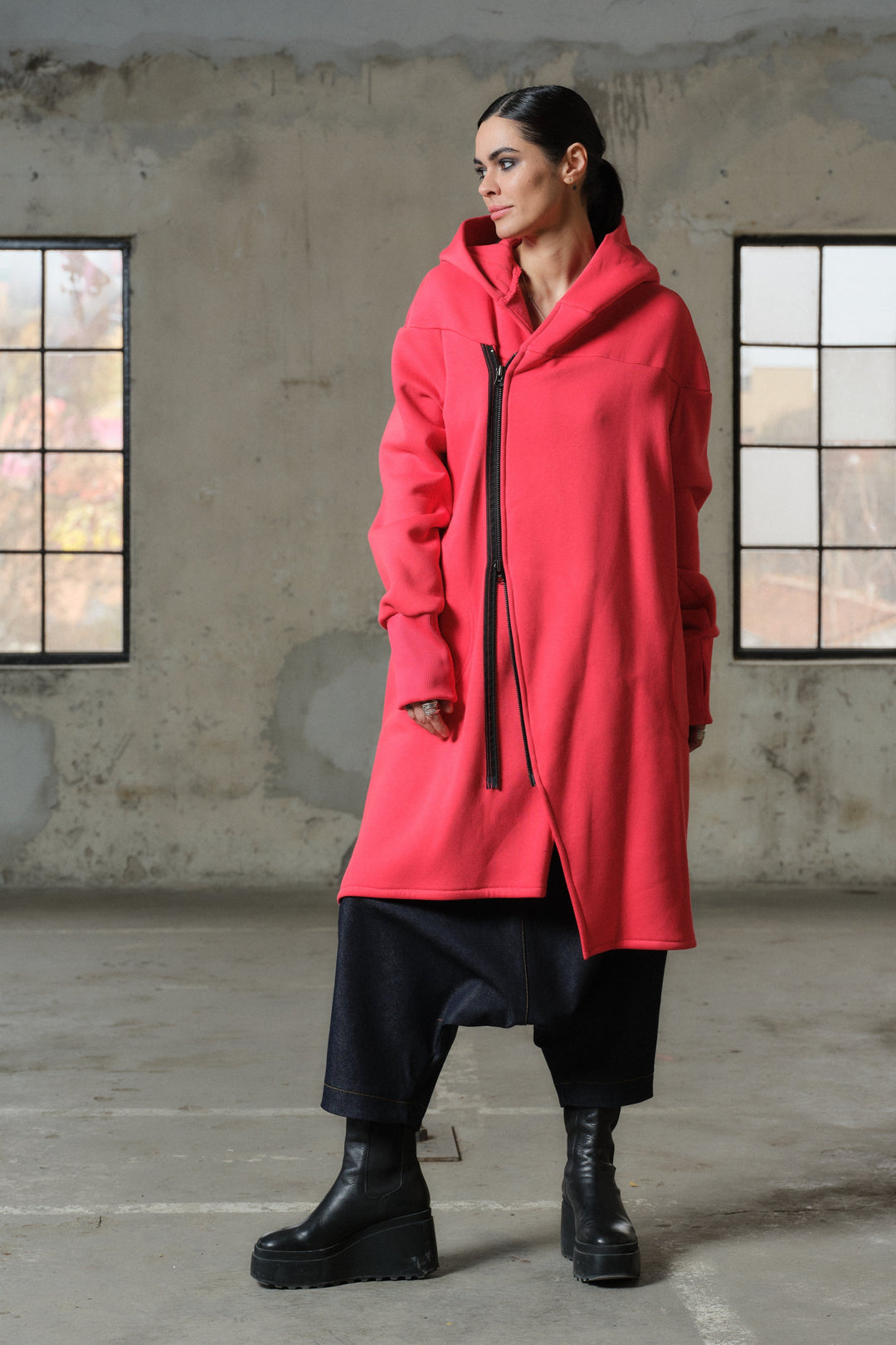 Asymmetrical hooded cotton sweatshirt in watermelon