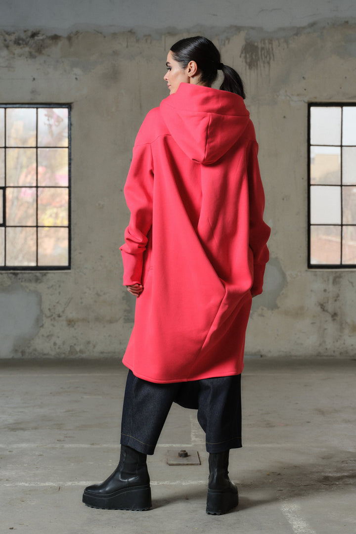 Asymmetrical hooded cotton sweatshirt in watermelon