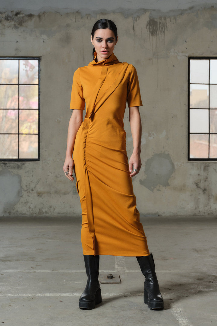 Mustard avant garde viscose dress