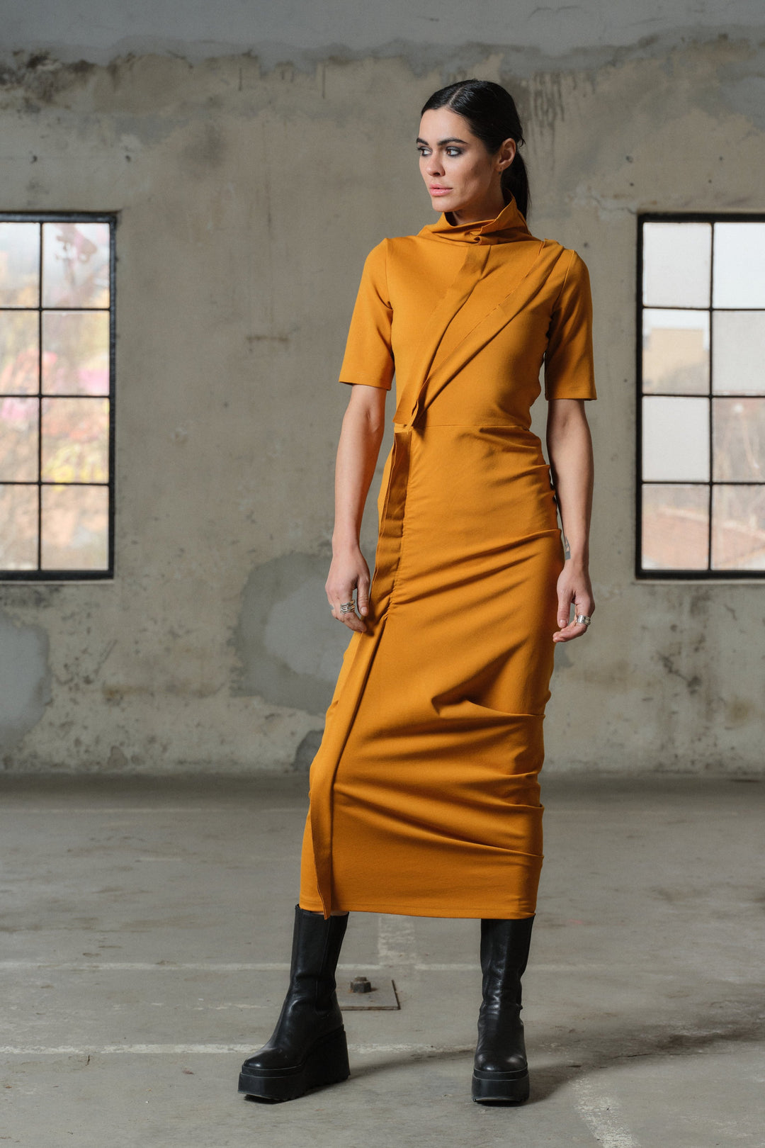 Mustard avant garde viscose dress