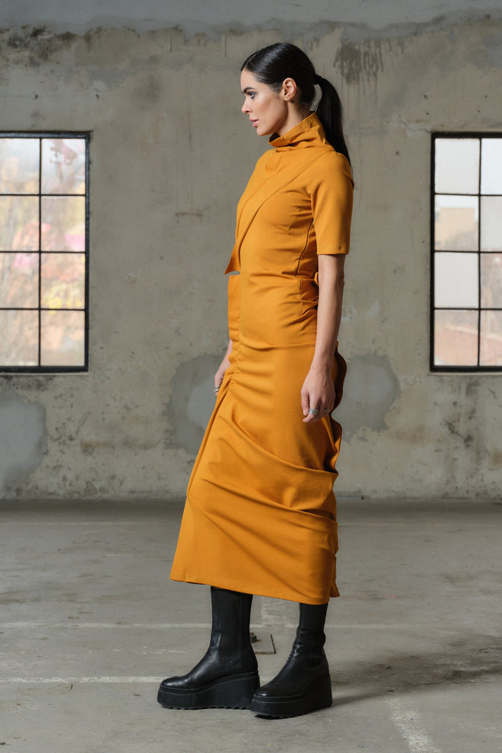 Mustard avant garde viscose dress