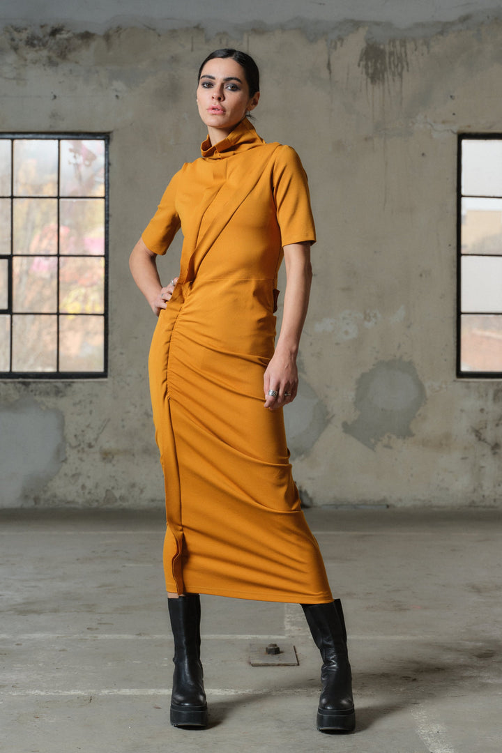 Mustard avant garde viscose dress