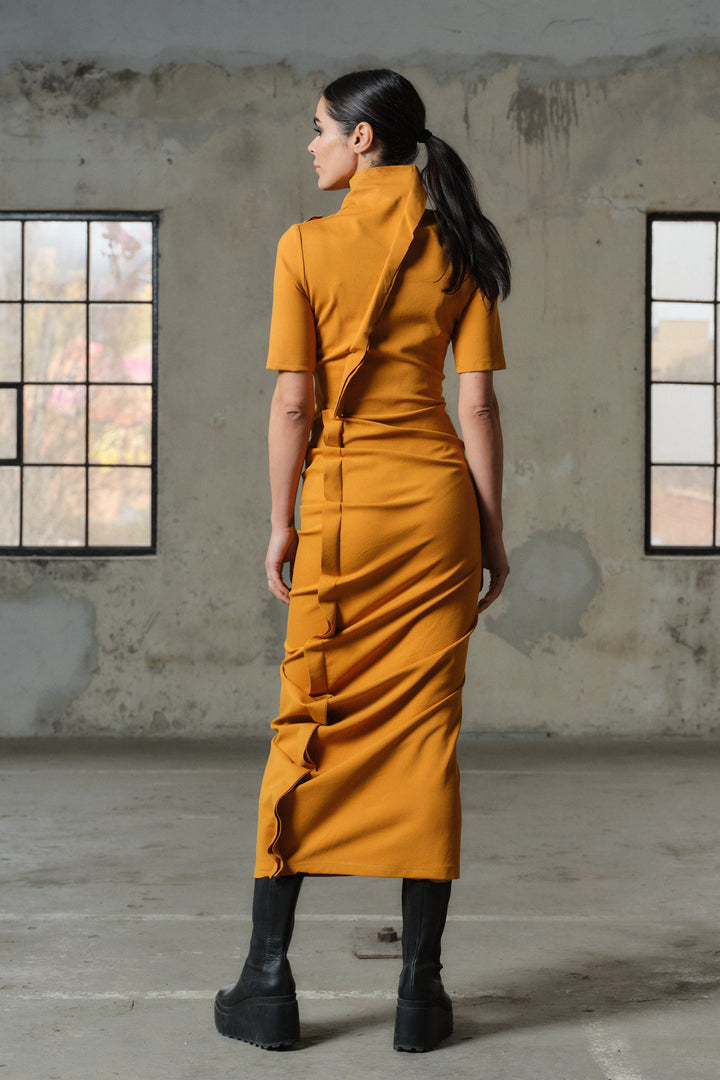 Mustard avant garde viscose dress