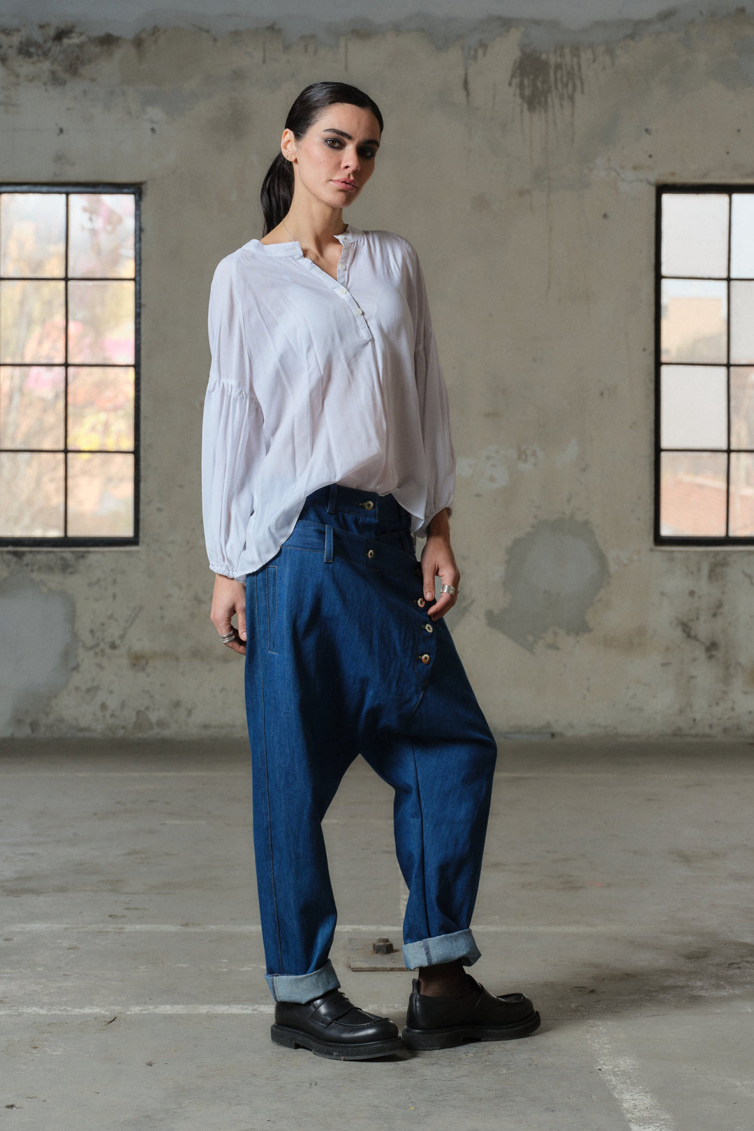 Blue denim drop crotch pants