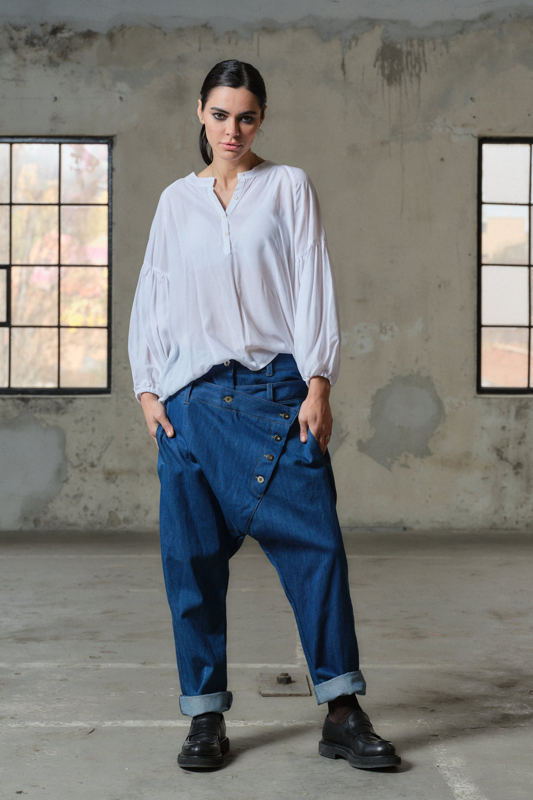 Blue denim drop crotch pants