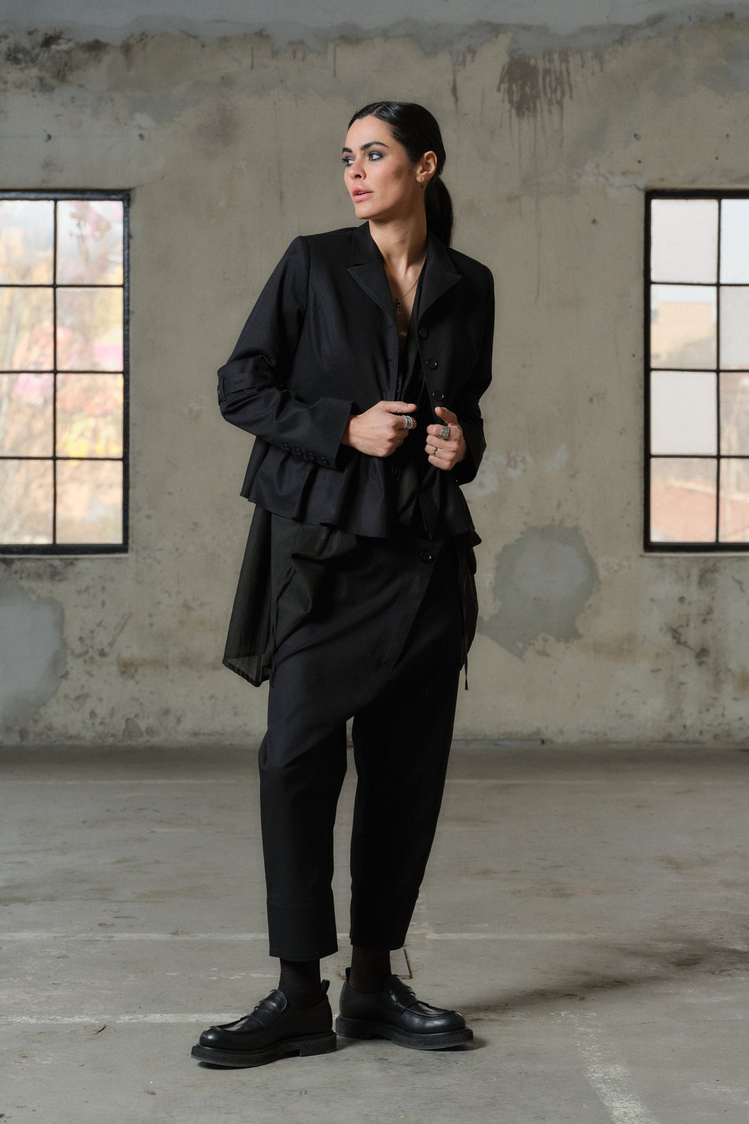 Black cotton peplum blazer