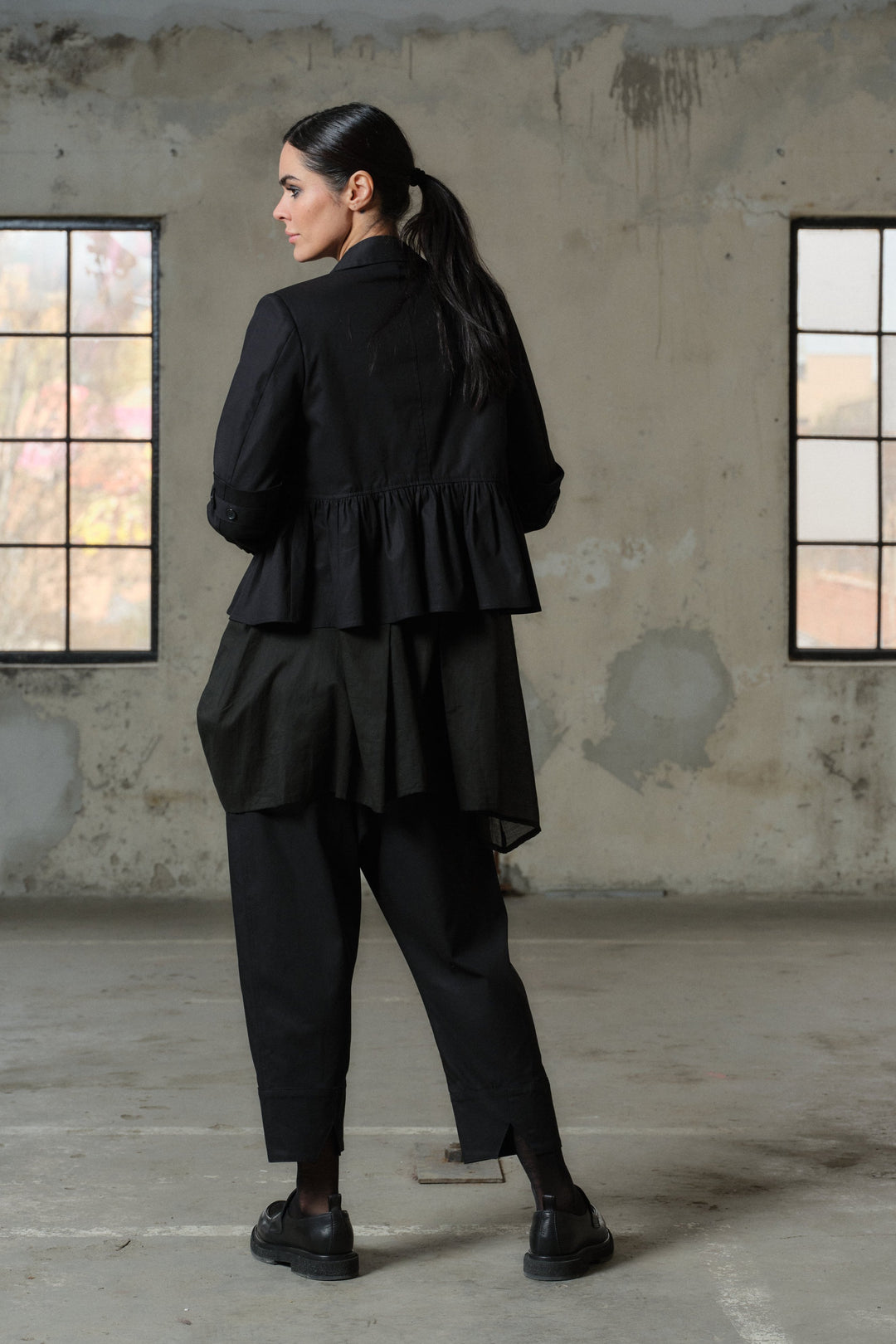 Black cotton peplum blazer